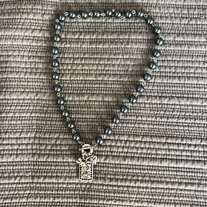 CAbi The Heritage Necklace Blackish Gray Pearl  Silver Chain Charm Crystal Heart